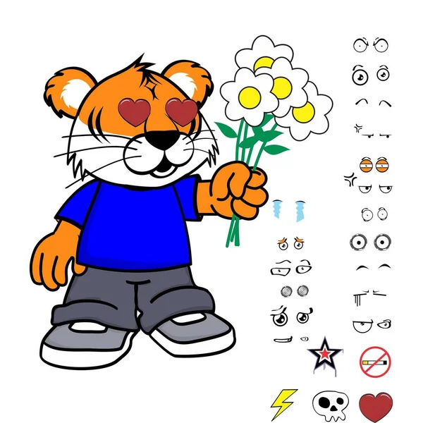 Standing Young Tiger Kid Wearing Tennis Jeans Cartoon Expressions Pack — Stock vektor