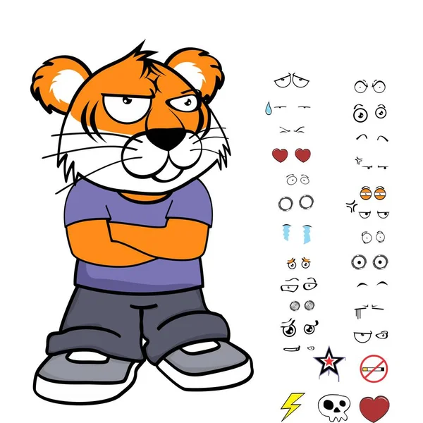 Standing Young Tiger Kid Wearing Tennis Jeans Cartoon Expressions Pack — Image vectorielle