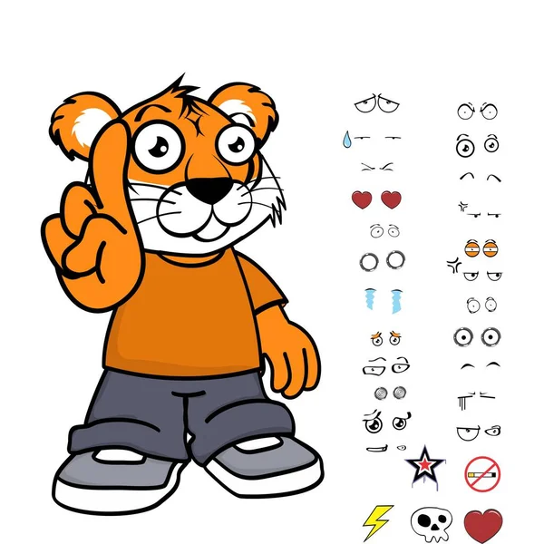 Standing Young Tiger Kid Wearing Tennis Jeans Cartoon Expressions Pack — Stock vektor