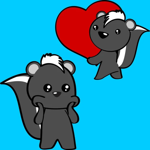 Cute Chibi Skunk Cartoon Surprised Expression Holding Red Heart Pack — Vettoriale Stock