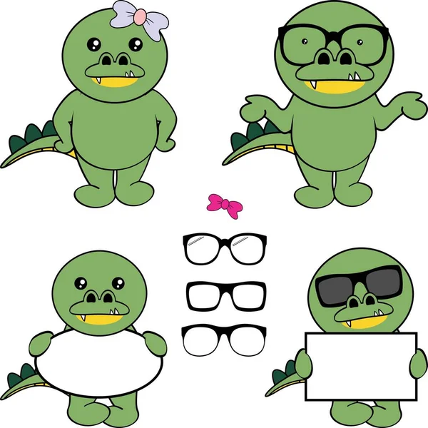 Chibi Crocodile Kid Cartoon Billboard Glasses Pack Illustration Vector Format — 스톡 벡터