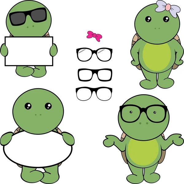 Chibi Turtle Kid Cartoon Billboard Glasses Pack Illustration Vector Format — Archivo Imágenes Vectoriales