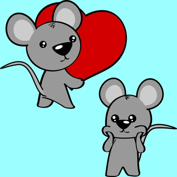 Chibi Little Baby Mouse Cartoon Holding Valentine Red Heart Illustration — стоковый вектор