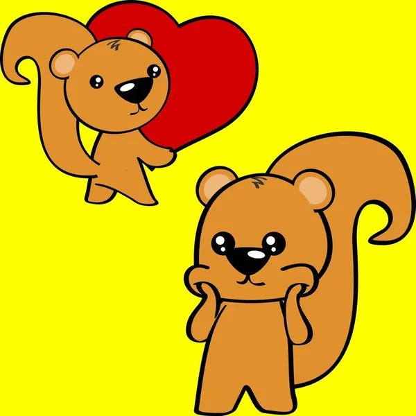 Chibi Little Baby Squirrel Cartoon Holding Valentine Red Heart Illustration — Stockvector