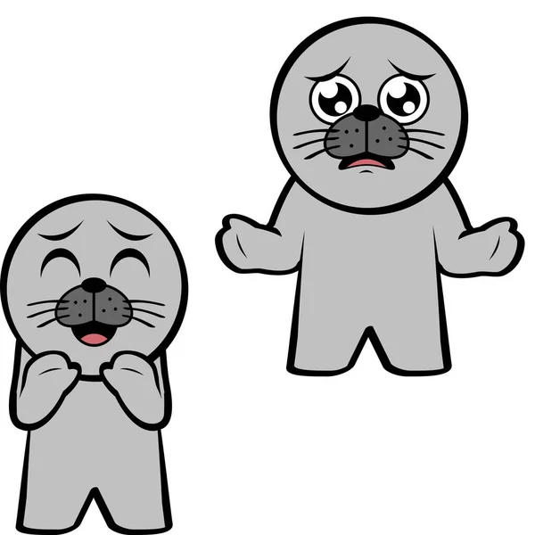 Worried Standing Chibi Seal Kid Character Cartoon Expressions Set Collection — Vettoriale Stock