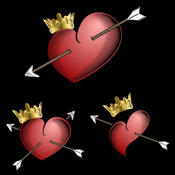 Red Hearts Tattoo Stickers Golden Crown Set Pack Illustration Vector — Stock vektor