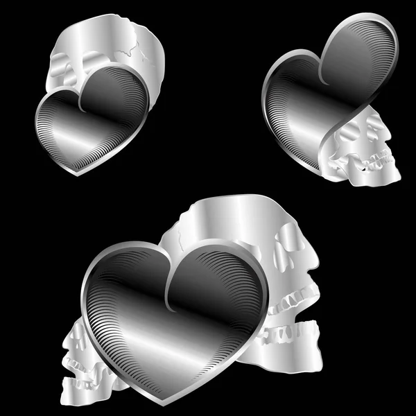 Chrome Silver Shiny Hearts Skull Tattoo Stickers Set Pack Illustration — ストックベクタ
