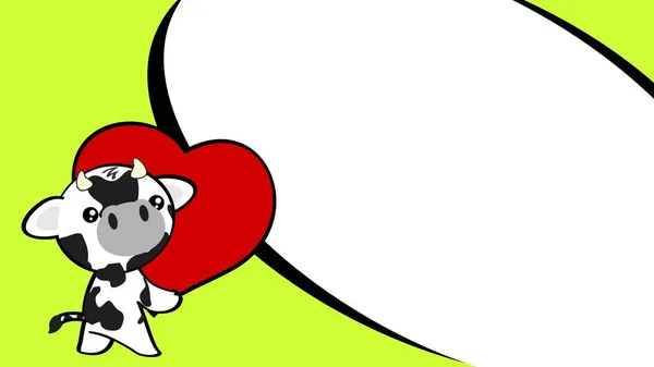 Lovely Little Baby Chibi Cow Cartoon Holdig Big Love Red — Stockvector