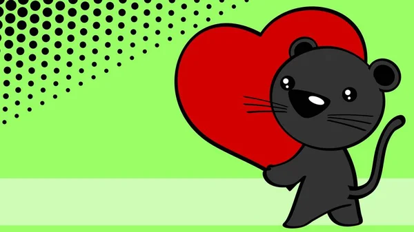 Lovely Little Baby Chibi Panther Cartoon Holdig Big Love Red — Image vectorielle