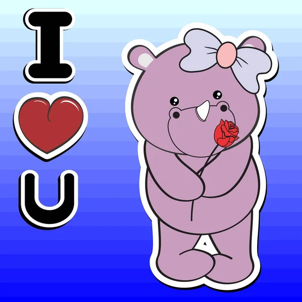 Cute Standing Rhino Girl Sticker Cartoon Holding Red Rose Love — Stockvector