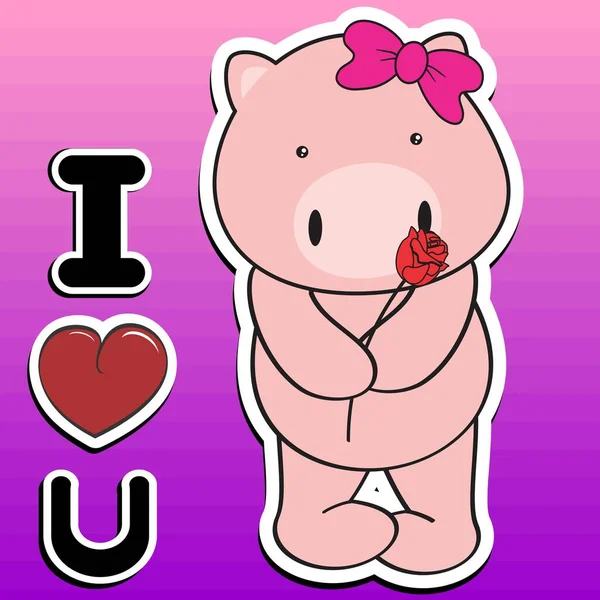 Cute Standing Piggy Girl Sticker Cartoon Holding Red Rose Love — Stockový vektor