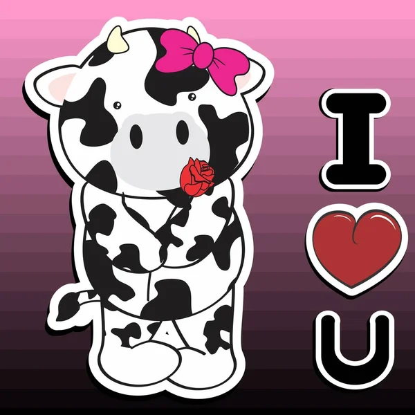 Cute Cow Cat Girl Sticker Cartoon Holding Red Rose Love — 스톡 벡터