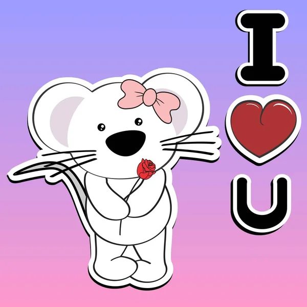 Cute Standing Mice Girl Sticker Cartoon Holding Red Rose Love — Stockvektor