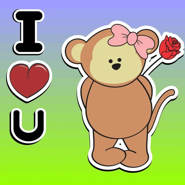 Cute Standing Monkey Girl Sticker Cartoon Holding Red Rose Love — Image vectorielle