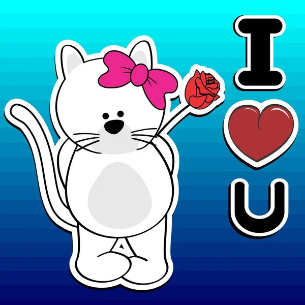 Cute Standing Cat Girl Sticker Cartoon Holding Red Rose Love — Vector de stock
