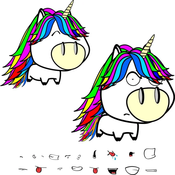 Cute Big Head Unicorn Cartoon Expressions Set Colletion Vector Format - Stok Vektor