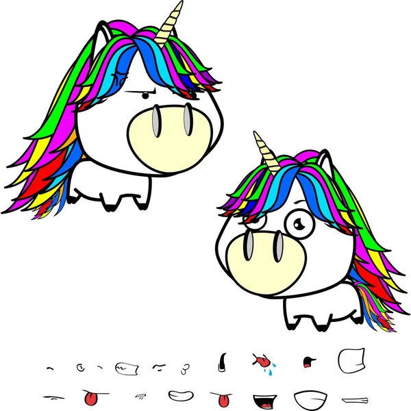Funny Big Head Unicorn Cartoon Expressions Set Colletion Vector Format — Vetor de Stock