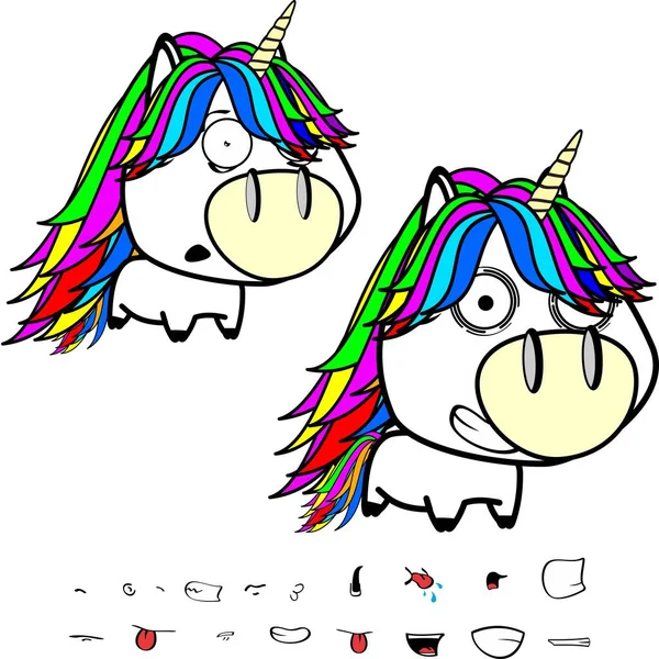 Surprised Big Head Unicorn Cartoon Expressions Set Colletion Vector Format - Stok Vektor
