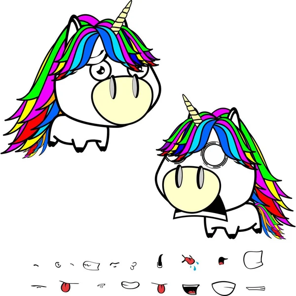 Screaming Big Head Unicorn Cartoon Expressions Set Colletion Vector Format — Stockvector