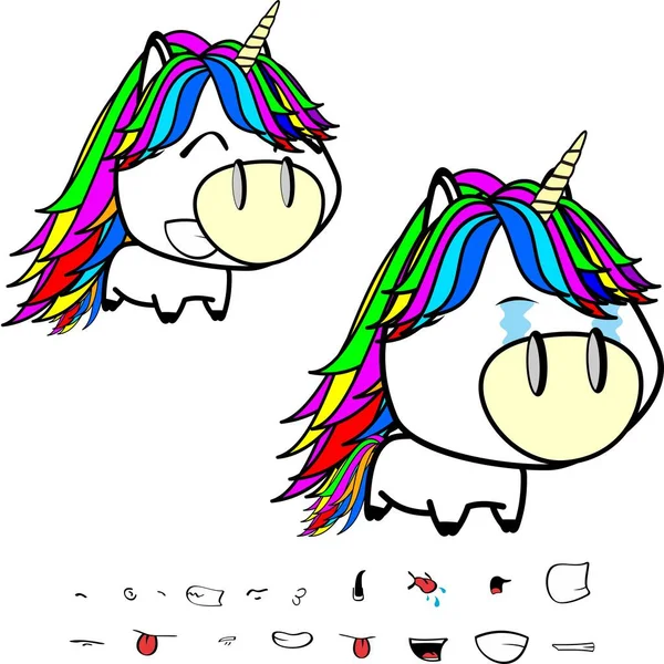 Crying Big Head Unicorn Cartoon Expressions Set Colletion Vector Format — Vetor de Stock