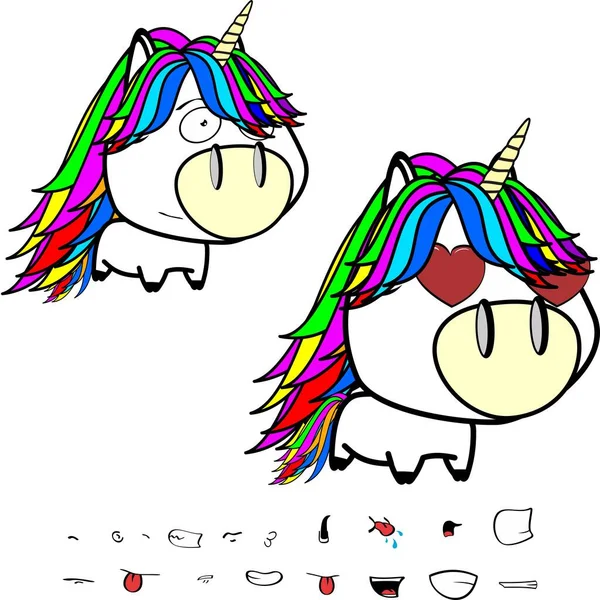 Heart Eyes Big Head Unicorn Cartoon Expressions Set Colletion Vector — Vetor de Stock