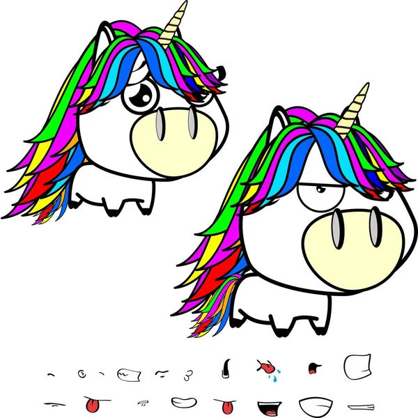 Grumpy Big Head Unicorn Cartoon Expressions Set Colletion Vector Format — Vetor de Stock