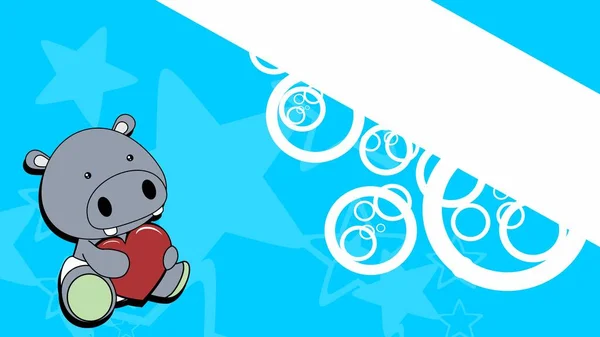 Sitting Chibi Baby Hippo Character Cartoon Holding Love Red Heart — ストックベクタ