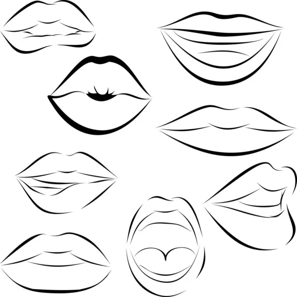 Lady Mouth Cartoon Line Illustration Set Pack Collection Vector Format - Stok Vektor
