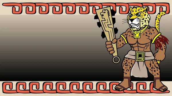 Mexican Aztec Warrior Tezcatlipoca God Cartoon Illustration Background Poster Vector — Stock vektor