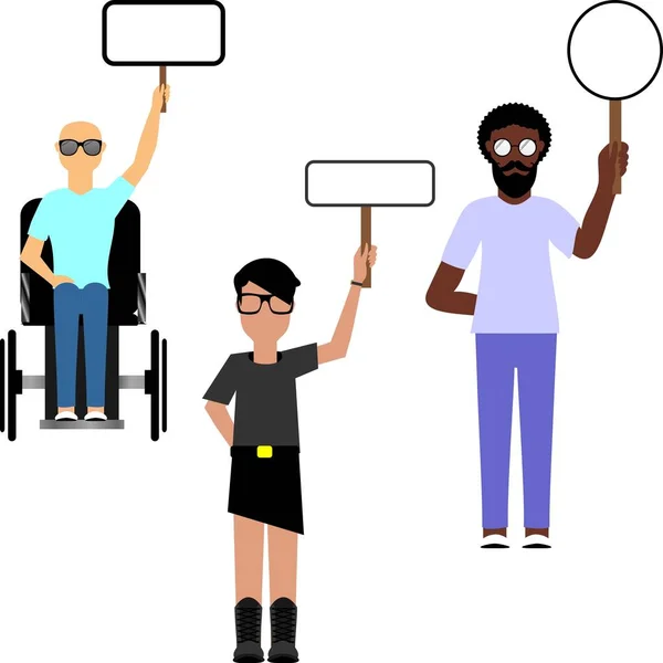 Inclusive People Holding Empty Placard Billboard Cartoon Illustration Set Pack — Stock Vector