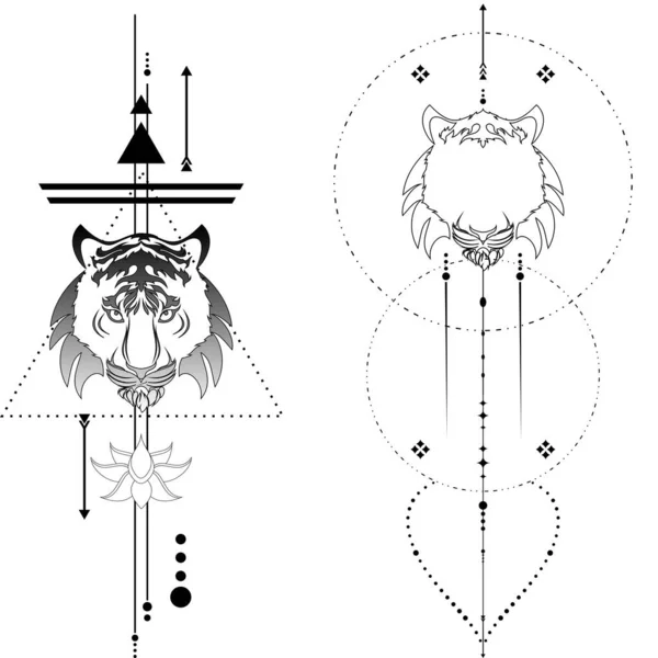 Тигр Геометричні Лінії Татуювання Набір Ілюстрацій Векторному Форматі — стоковий вектор