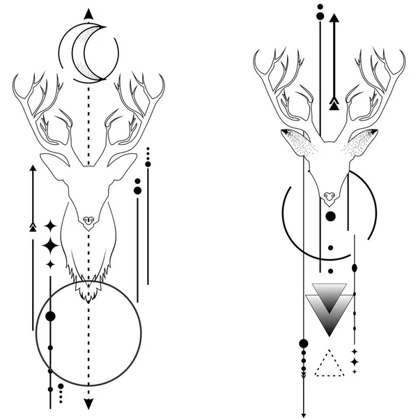 Reindeer Geometric Lines Tattoo Set Illustration Vector Format — ストックベクタ