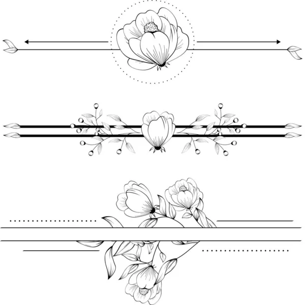 Květiny Černé Čáry Tetování Sada Kolekce Nálepky Ilustrace Vektorovém Formátu — Stockový vektor