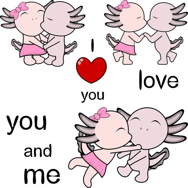 Encantadora Linda Pareja Axolotl Besar Dibujos Animados Amor San Valentín — Archivo Imágenes Vectoriales
