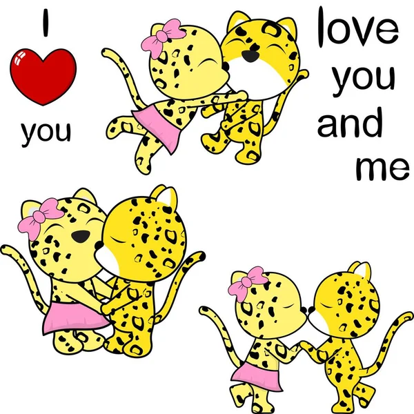 Krásný Roztomilý Pár Leopard Líbání Karikatura Láska Valentine Set Vektorovém — Stockový vektor