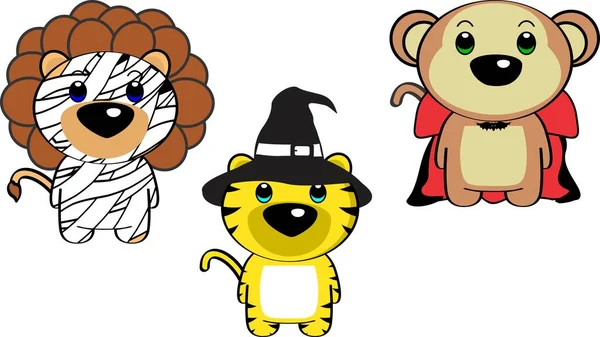 Chibi Bebê Animais Personagem Desenho Animado Com Halloween Trajes Conjunto —  Vetores de Stock