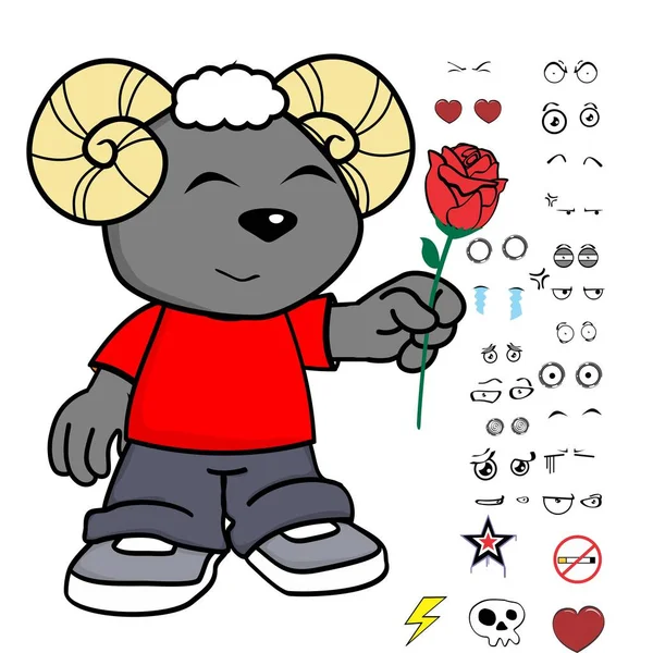 玫瑰公羊幼童卡通人物卡瓦表达式集包装矢量格式 — 图库矢量图片