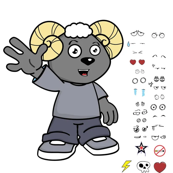 Bélier Jeune Enfant Personnage Dessin Animé Kawaii Expressions Set Collection — Image vectorielle