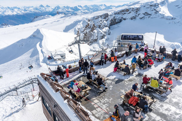 Glacier 3000, Les Diablerets, Switzerland -October 31, 2020: Aerial view of the food or resting terrace for ski tourists