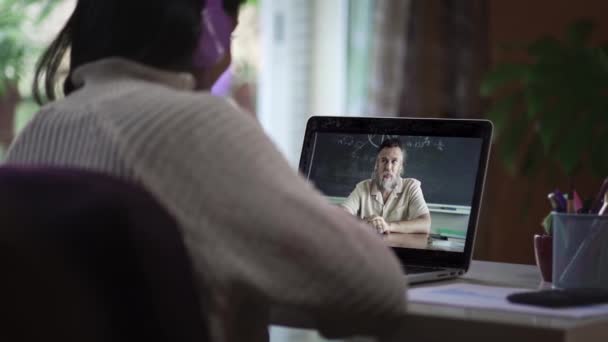 Student learning watching online video class call with Math Professor from home — Stock Video