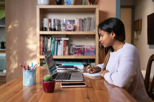 Positiv smart ung afroamerikansk kvinnelig student som studerer online webinar eller et kurs hjemme, videosamtaler og snakking – stockfoto