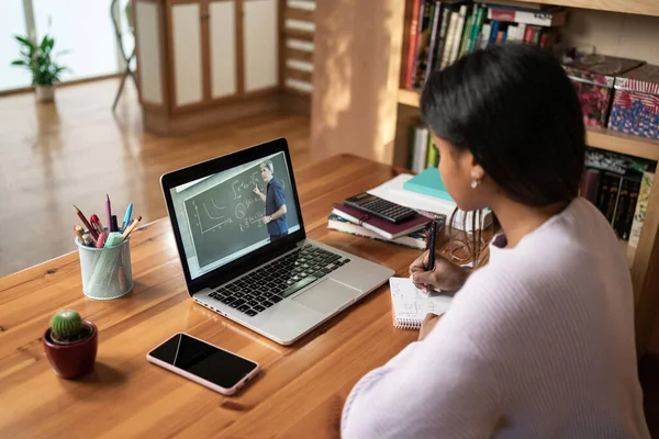 Afrikkalainen amerikkalainen naispuolinen opiskelija opiskelee matematiikkaa online-webinaari tai kurssi kotona, videopuhelu ja puhuminen kuvapankkikuva