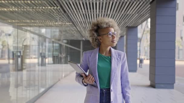Fiduciosa donna d'affari nera che cammina nel distretto degli uffici sorridente potenziato afroamericana esecutivo femminile godendo di successo carriera aziendale — Video Stock
