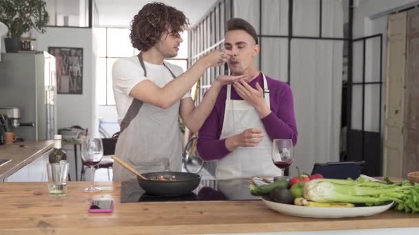Молода гомосексуальна пара готує і дегустує смачну здорову їжу, готуючи на кухні. Друзі готують разом вдома — стокове відео
