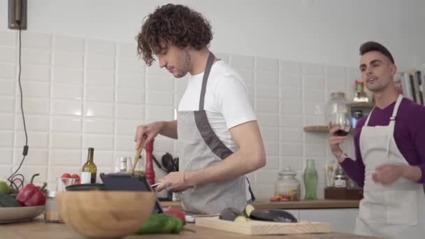 Junge männliche homosexuelle Paare kochen zu Hause zusammen und umarmen sich in der Küche liebevoll. Liebe zwischen Menschen gleichen Geschlechts — Stockvideo