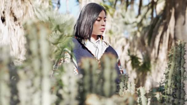 Porträtt av unga latinamerikanska indiska kvinna från Andinska quechua samhället från Ecuador. Tonåring inhemsk latinamerikansk flicka med etnisk poncho — Stockvideo