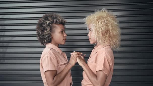 Lyckliga afroamerikanska tvillingar kvinnliga syskon omfamnar varandra med kärlek — Stockvideo