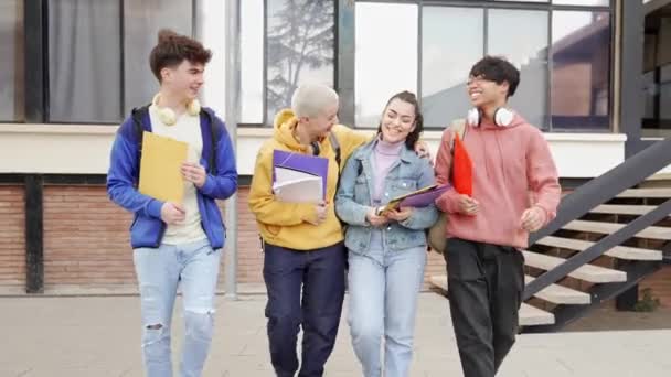 Grupo multiétnico de amigos universitarios confiados y felices que regresan a las clases que llegan a la Escuela Universitaria — Vídeo de stock