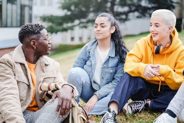 Happy college student friends talking having conversation in the University campus grass — kuvapankkivalokuva