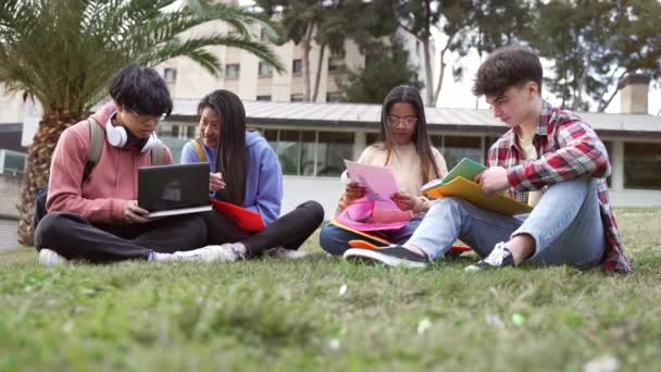 Amici studenti che imparano e lavorano insieme seduti sull'erba del campus dell'University College. Studenti asiatici americani di scambio internazionale — Video Stock